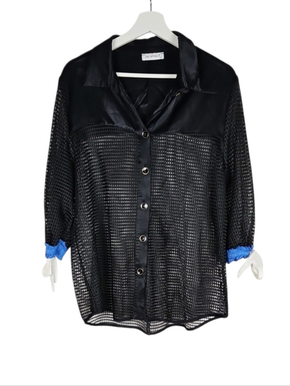 De White's Black Mesh & Satin Womens Shirt Top Blue Cuffs Streetwear Grunge Chic